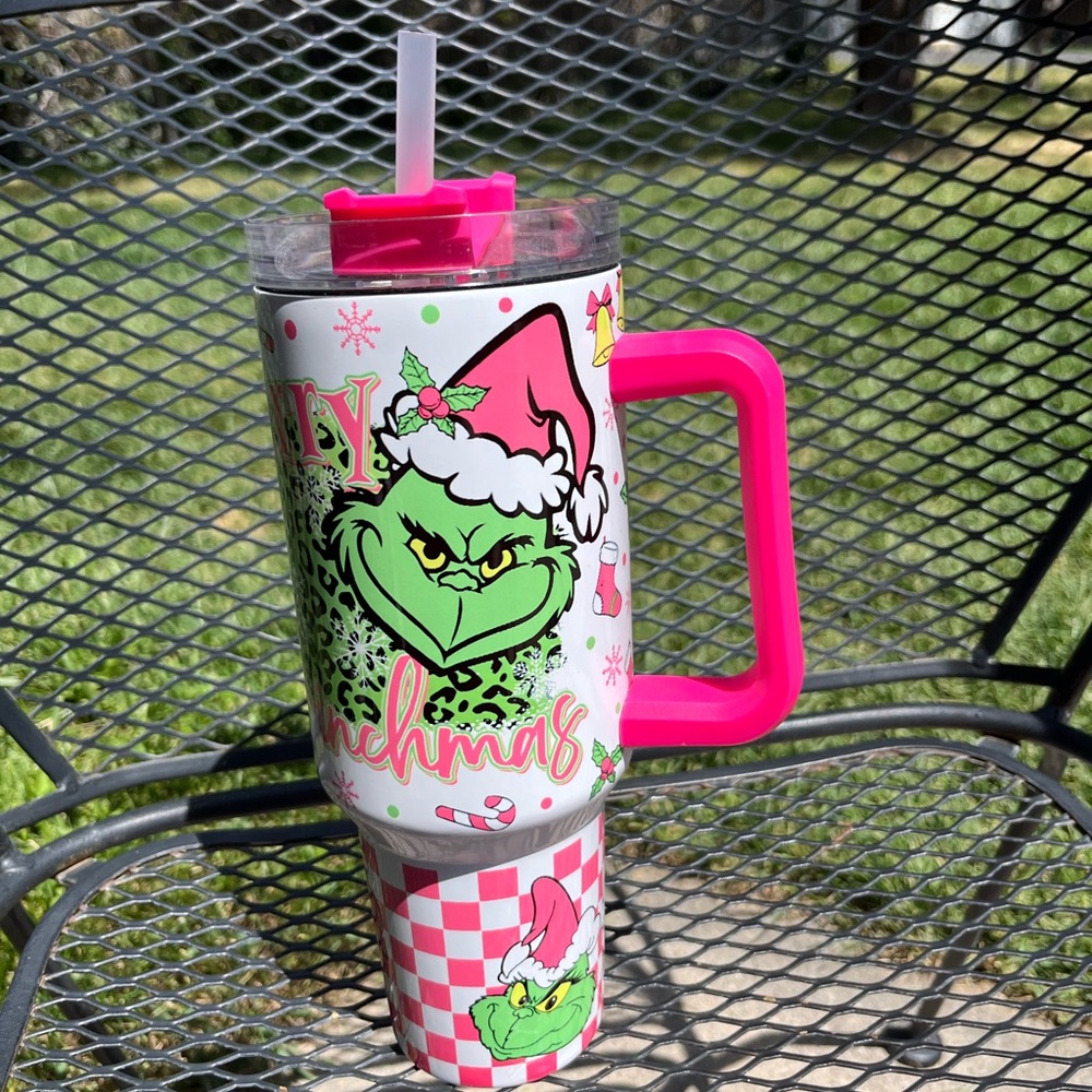 Grinch Holiday Travel Tumbler with Hot Pink Handle